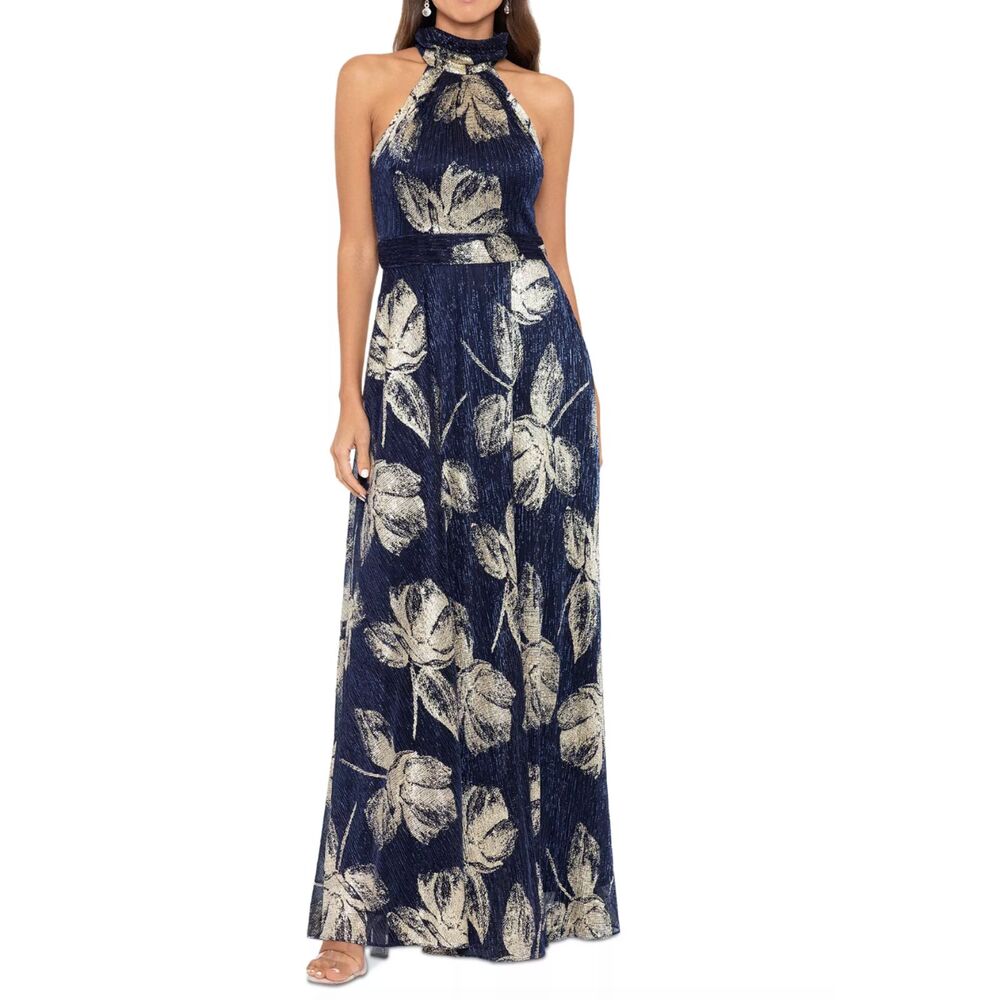 Betsy & Adam Metallic-Print Halter Gown Navy Blue